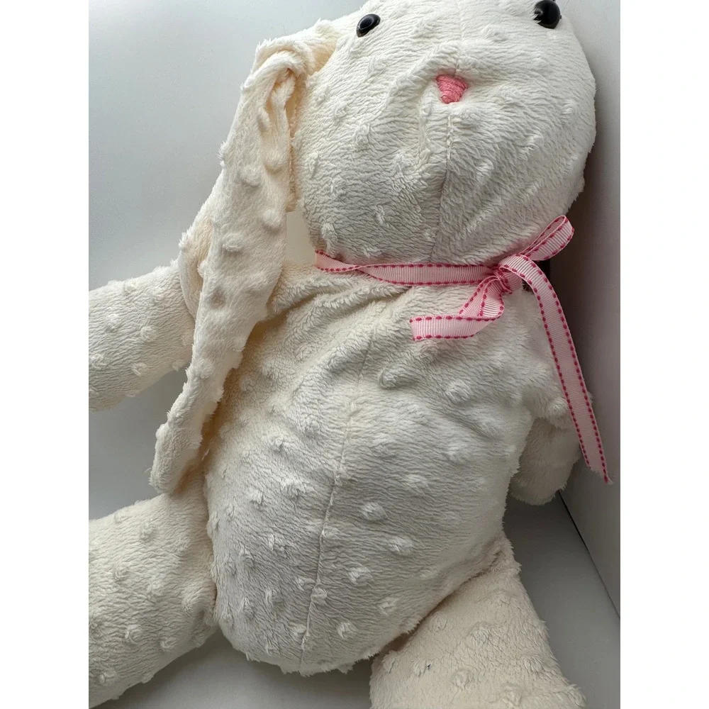 Cream Textured Bunny Rabbit Plush Stuffed Animal Pink Ribbon‎ Accent